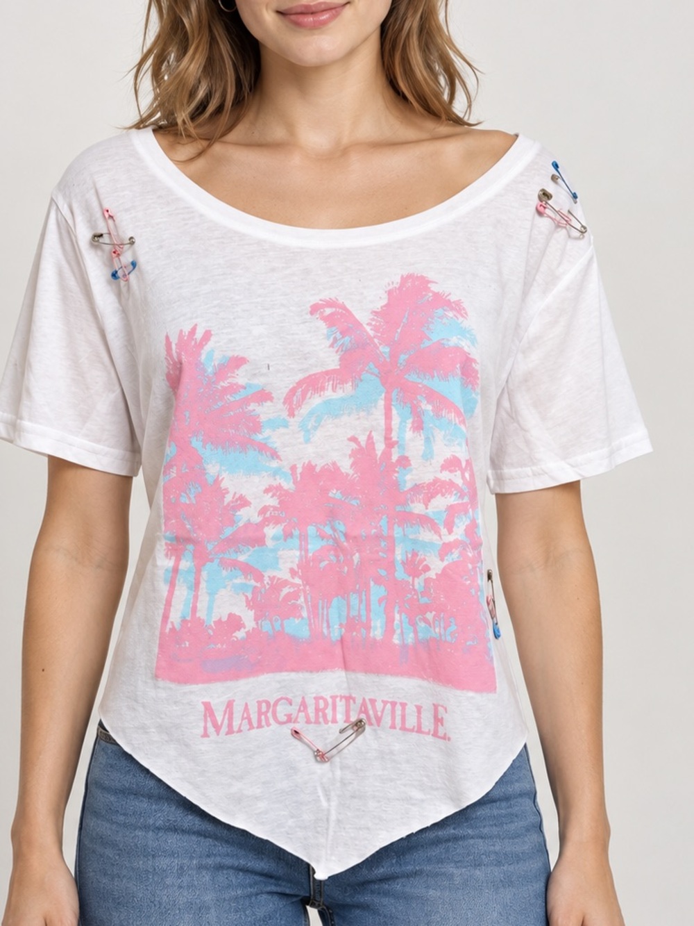 Margaritaville  distressed and pin accent Tee with Pink & Light Blue Palm sz XL